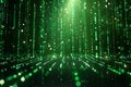 Digital artwork of digital background of green binary code on a dark green background, with falling numbers and a matrix styl Royalty Free Stock Photo