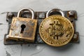 Digital artwork of bitcoing and padlock on white background, high resolution photography Royalty Free Stock Photo