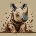 a playful Indian rhinoceros calf rolling in the mud, depicted in a vibrant, earthy color palette. generative ai Royalty Free Stock Photo
