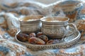 Digital artwork of  bowl of dates, coffee and tea on a backdrop with a blanket Royalty Free Stock Photo