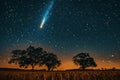 Digital artwork of  bright comet in the night sky over an open field with trees Royalty Free Stock Photo