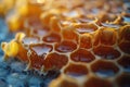Digital artwork of closeup of honeycomb texture, showcasing the intricate patterns and rich colors of natural beeswax hexagon