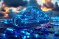 Digital artwork of cloud technology background with circuit board, blue color theme, blue gradient on the right side, ing illustr Royalty Free Stock Photo