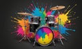 drum kit with colorful paint splashs Royalty Free Stock Photo