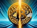 Digital artwork depicting the bitcoin halving event with a split coin and vibrant energy Royalty Free Stock Photo