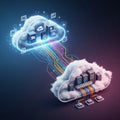 Stylized clouds show data transfer between them with vibrant multicolored Royalty Free Stock Photo
