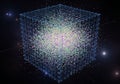 A digital artwork depicting a glowing cube structure composed of a blue wireframe grid. Inside the Royalty Free Stock Photo