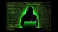 Mysterious Hacker Working on Laptop in Dark Environment with Code