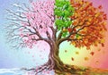 A digital artwork depicting a single tree split into four sections, Royalty Free Stock Photo