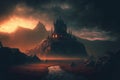 Digital artwork of a dismal hellish atmosphere and a dark castle in a valley Royalty Free Stock Photo