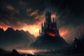 Digital artwork of a dismal hellish atmosphere and a dark castle in a valley Royalty Free Stock Photo