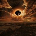 Digital artwork of an eerie, dusky landscape under a dark eclipsed sun Royalty Free Stock Photo