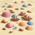 A digital artwork features a sandy beach scattered with various seashells. The shells Royalty Free Stock Photo