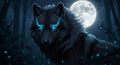 A digital artwork features a wolf with glowing blue eyes and a prominent, luminous full Royalty Free Stock Photo