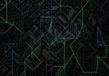 A digital artwork featuring a complex pattern of green and blue geometric lines and shapes on a Royalty Free Stock Photo