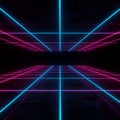 A digital artwork featuring a futuristic grid pattern. Pink and blue neon lines create a Royalty Free Stock Photo