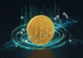 A digital artwork featuring a large Bitcoin symbol at the center, surrounded by binary code and Royalty Free Stock Photo