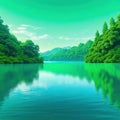 digital artwork featuring serene lake surrounded by lush