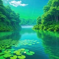 digital artwork featuring serene lake surrounded by lush