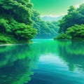 digital artwork featuring serene lake surrounded by lush