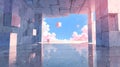 A digital artwork of a futuristic cubic structure with floating pink cubes and clouds against a serene sky