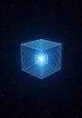 A digital artwork of a glowing cube, featuring a grid pattern. The cube emits a bright Royalty Free Stock Photo