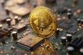 Digital artwork of golden bitcoin coin on top of an advanced computer circuit board, with soft lighting highlighting the int