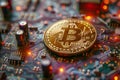 Digital artwork of golden bitcoin coin on top of an advanced computer circuit board, with soft lighting highlighting the int
