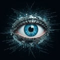 A digital artwork of a human eye with a vivid blue iris is surrounded by intricate Royalty Free Stock Photo