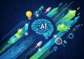 Digital artwork illustrating artificial intelligence. Central focus is a Royalty Free Stock Photo