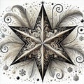 digital artwork image of a star-shaped design with complex white lines and patterns resembling fur or feathers.