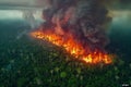 Digital artwork of  large fire in the amazon rainforest could be seen from afar, with smoke and flames visible as trees burned in Royalty Free Stock Photo