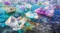 Digital artwork of multifaceted crystal structures resembling ice, emerging from a glowing, azure sea under soft