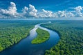Digital artwork of panoramic view of the amazon rainforest and river, with white clouds in the sky, captured Royalty Free Stock Photo