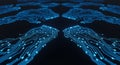 Abstract digital art of a futuristic blue circuit board with flowing wave patterns and glowing dots on a black background Royalty Free Stock Photo