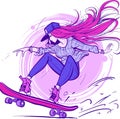 Digital artwork of a redhead girl wearing a cool urban hat and doing tricks on her skateboard