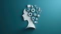 A digital artwork showcasing a head silhouette filled with IDEA and innovative icons, emphasizing creativity and intelligence