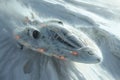 Digital artwork of spaceship is shown in a snowy landscape, high quality, high resolution