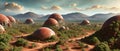 A digital artwork of a transformed Mars settlement in the future, showcasing domed habitats, terraforming machinery, and