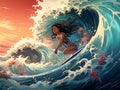 Girl surfing the great wave of Kanagawa