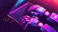 Digital assistant with artificial intelligence typing messages in support chat. Isometric robot hands and laptop on