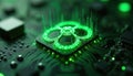 Digital atom model with glowing green particles and circuit board. Atomic structure, nucleus and electrons shown on tech Royalty Free Stock Photo