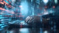 Digital background of code with hands typing on it, computer programming and cyber security technology Royalty Free Stock Photo