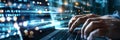 Digital background of code with hands typing on it, computer programming and cyber security technology Royalty Free Stock Photo