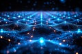 Digital background featuring data and code, glowing blue lights on dark black space with complex network connections, low ang Royalty Free Stock Photo