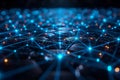 Digital background featuring data and code, glowing blue lights on dark black space with complex network connections, low ang Royalty Free Stock Photo