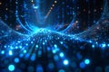 Digital background featuring data and code, glowing blue lights on dark black space with complex network connections, low ang Royalty Free Stock Photo