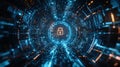 Digital background featuring pixelated padlock and data protection symbols on a blue digital screen, written in the center of a Royalty Free Stock Photo