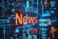Digital background featuring word News in bright orange, surrounded by data streams and technology elements, conveying modern news