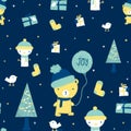 Digital background with kids styled drawings of cute animal characters and Xmas icons on it. Royalty Free Stock Photo